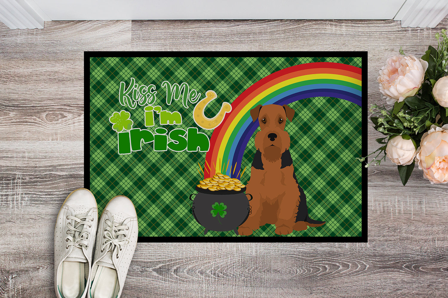 Black and Tan Airedale Terrier St. Patrick's Day Indoor or Outdoor Mat 24x36 - the-store.com