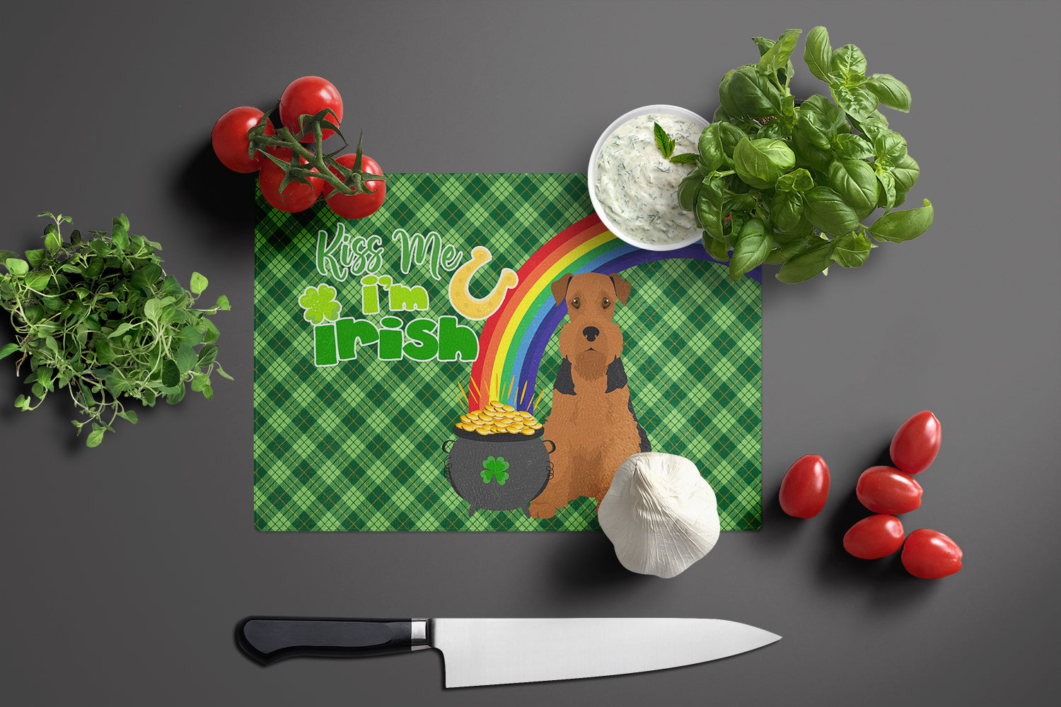 Black and Tan Airedale Terrier St. Patrick's Day Glass Cutting Board Large - the-store.com