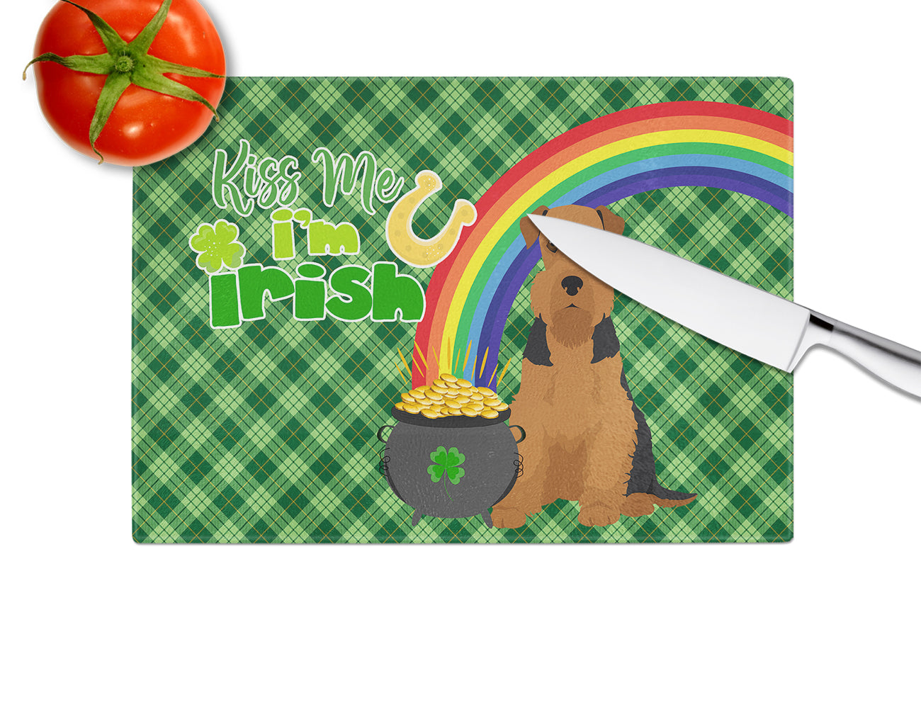 Black and Tan Airedale Terrier St. Patrick's Day Glass Cutting Board Large - the-store.com
