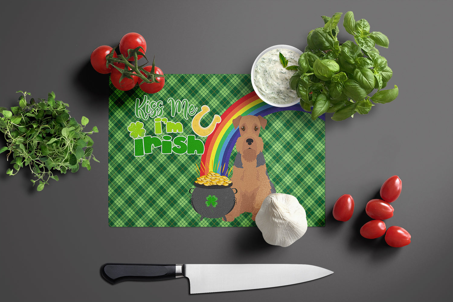 Grizzle and Tan Airedale Terrier St. Patrick's Day Glass Cutting Board Large - the-store.com