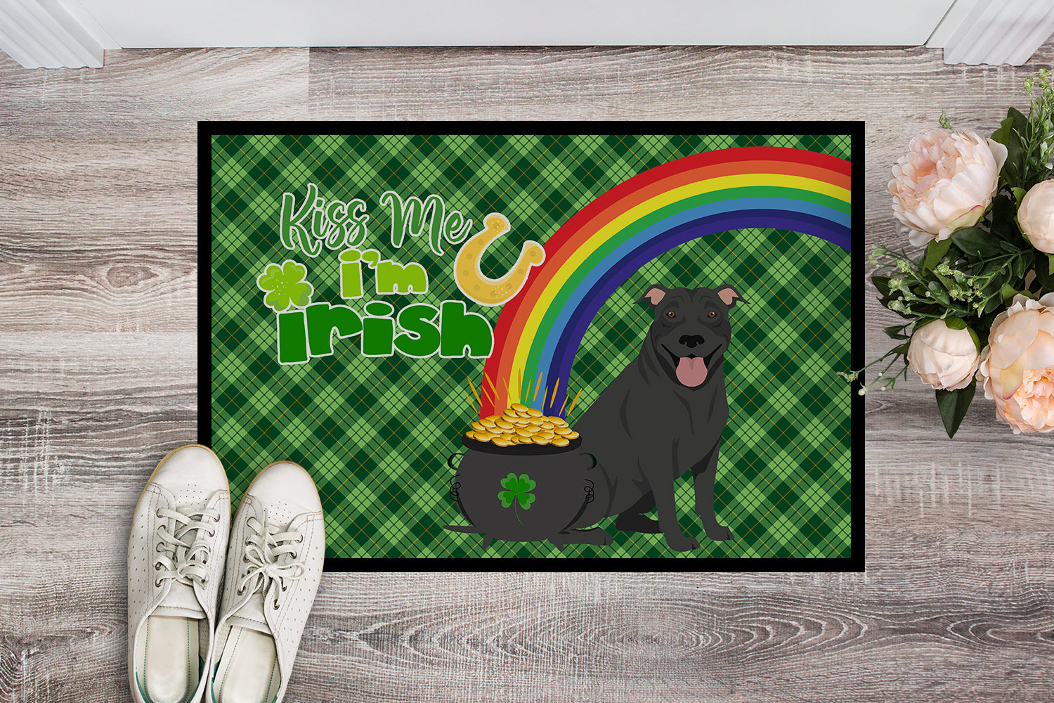 Buy this Black Pit Bull Terrier St. Patrick's Day Indoor or Outdoor Mat 24x36