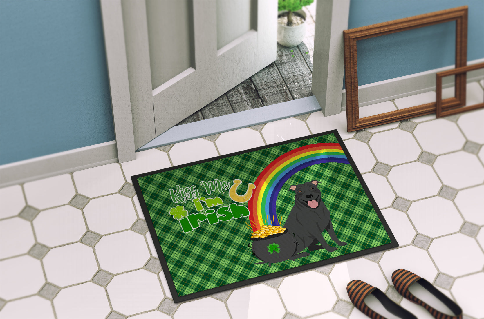 Black Pit Bull Terrier St. Patrick's Day Indoor or Outdoor Mat 24x36 - the-store.com