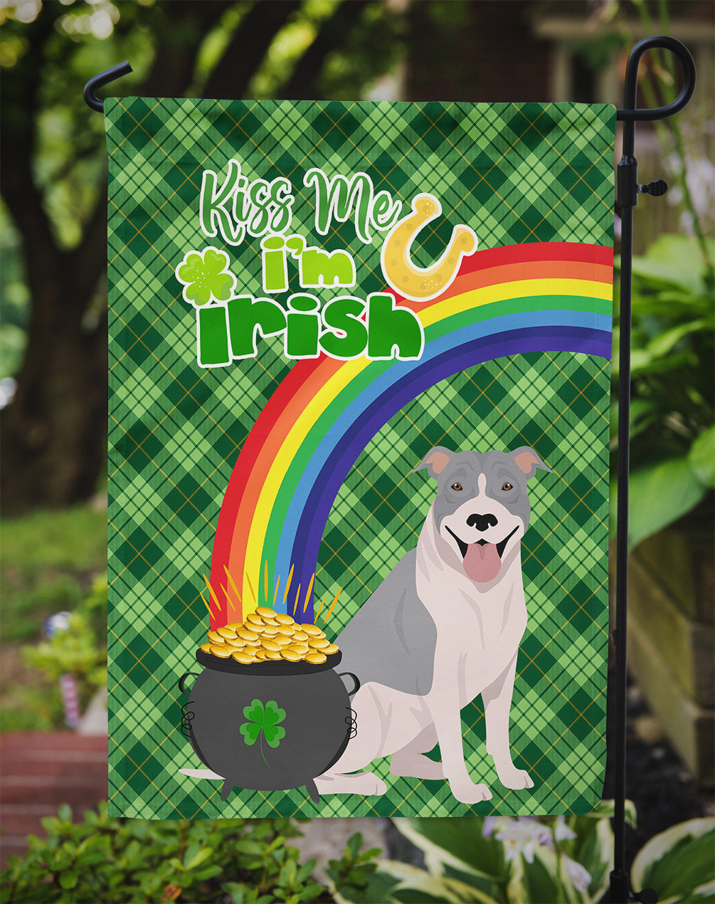 Blue and White Pit Bull Terrier St. Patrick's Day Flag Garden Size  the-store.com.