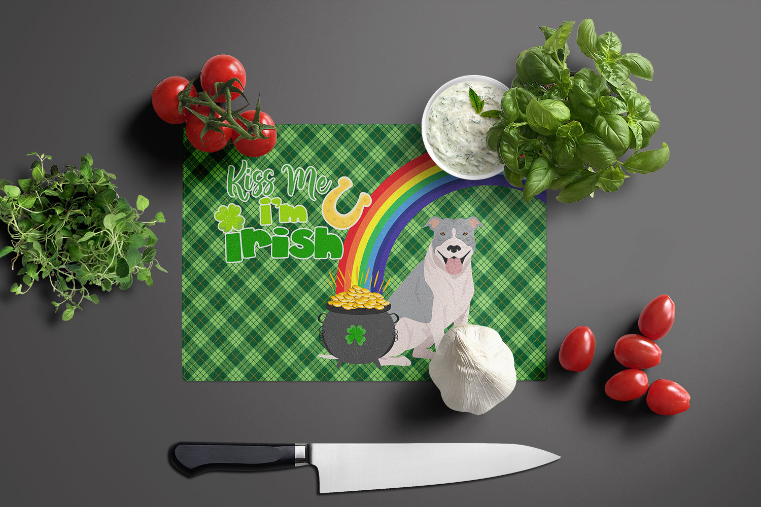 Blue and White Pit Bull Terrier St. Patrick's Day Glass Cutting Board Large - the-store.com