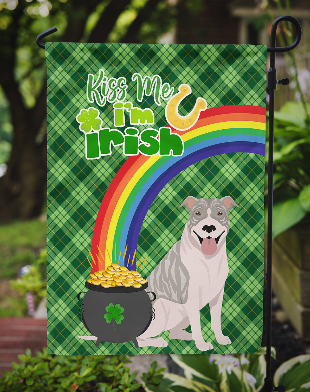 Blue Brindle Pit Bull Terrier St. Patrick's Day Flag Garden Size