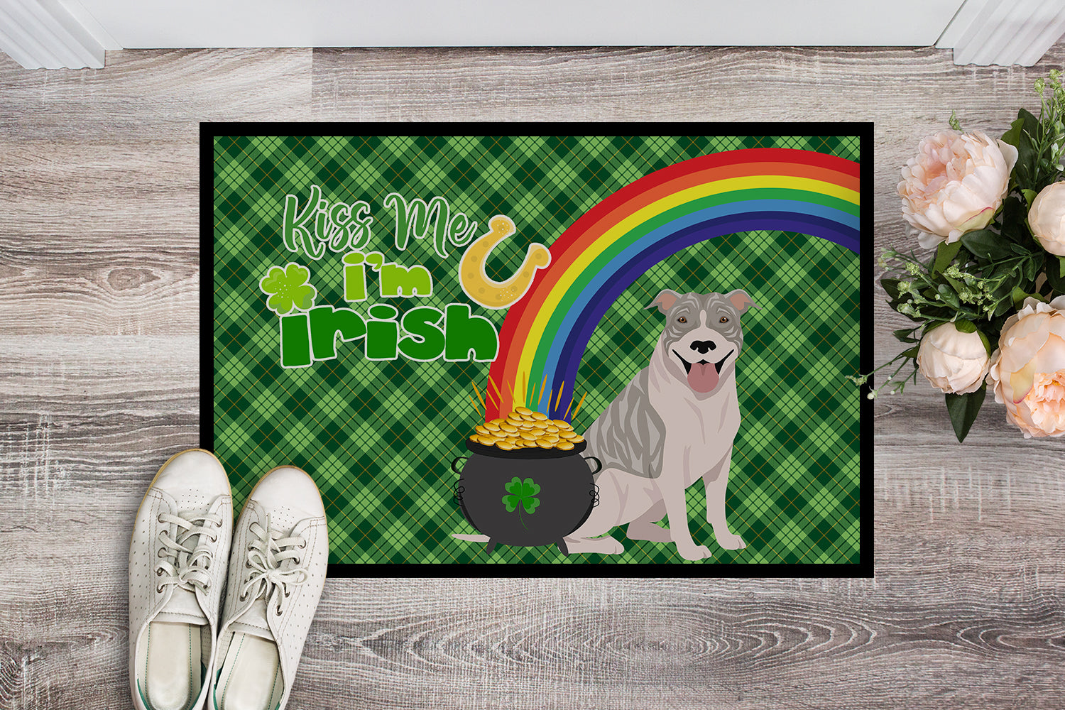 Buy this Blue Brindle Pit Bull Terrier St. Patrick's Day Indoor or Outdoor Mat 24x36
