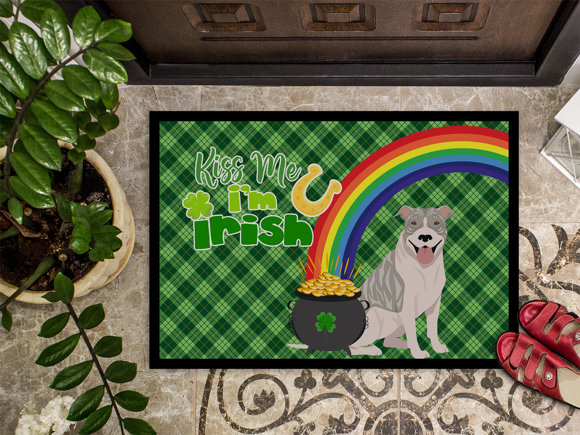 Blue Brindle Pit Bull Terrier St. Patrick's Day Indoor or Outdoor Mat 24x36 - the-store.com