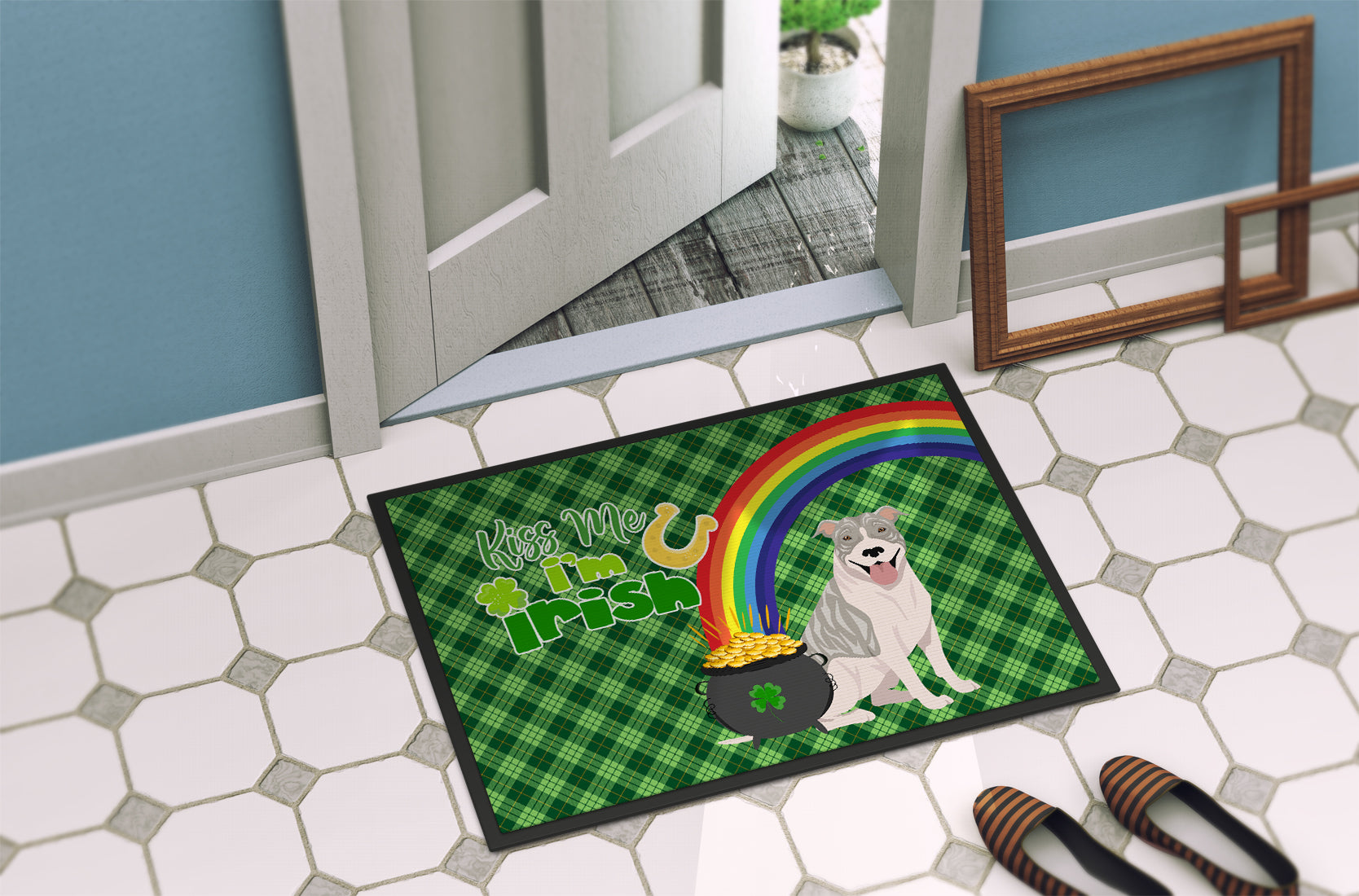Blue Brindle Pit Bull Terrier St. Patrick's Day Indoor or Outdoor Mat 24x36 - the-store.com