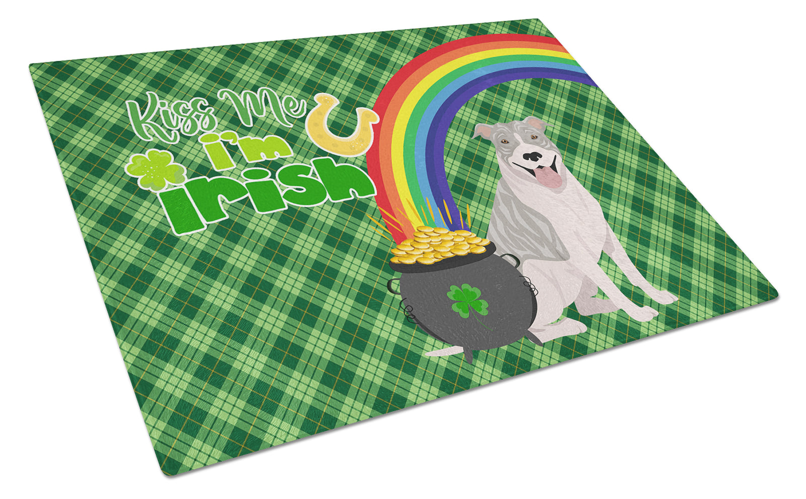 Buy this Blue Brindle Pit Bull Terrier St. Patrick's Day Glass Cutting Board Large