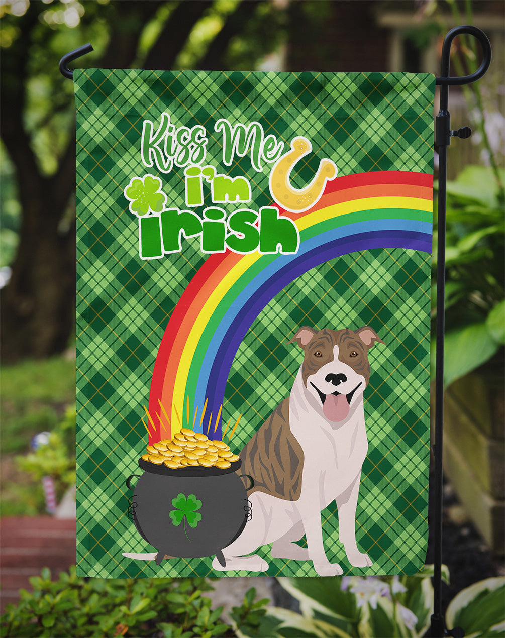 Fawn Brindle Pit Bull Terrier St. Patrick's Day Flag Garden Size  the-store.com.