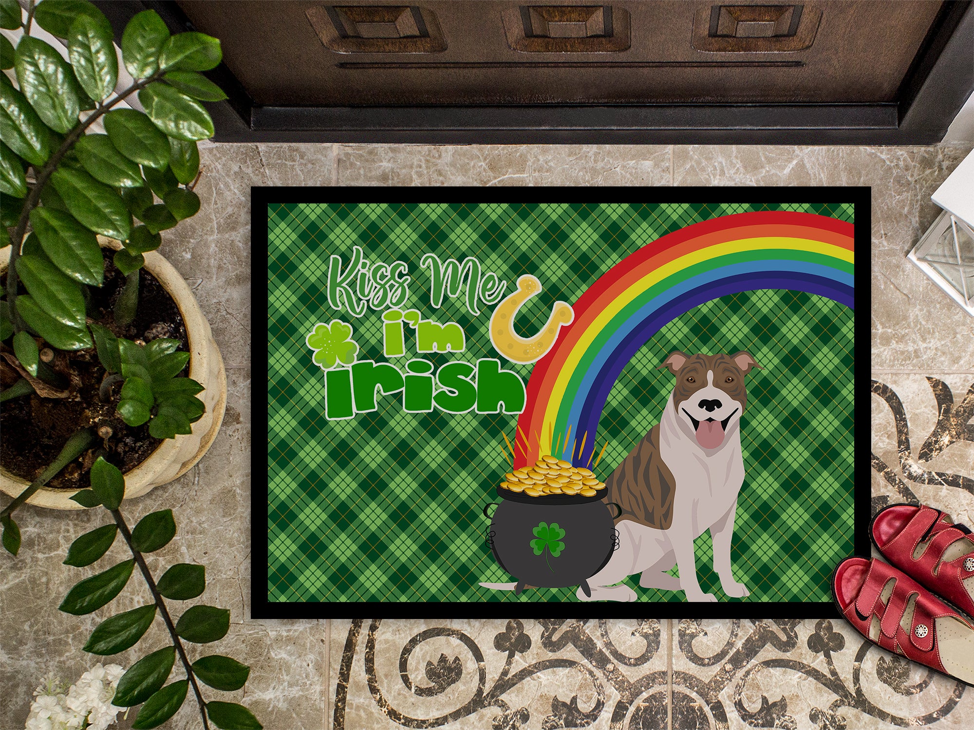 Fawn Brindle Pit Bull Terrier St. Patrick's Day Indoor or Outdoor Mat 24x36 - the-store.com