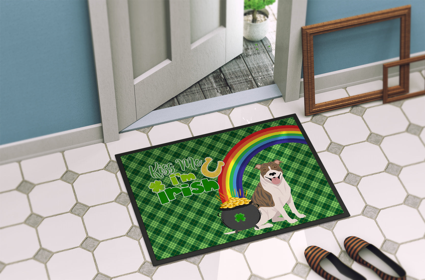 Fawn Brindle Pit Bull Terrier St. Patrick's Day Indoor or Outdoor Mat 24x36 - the-store.com