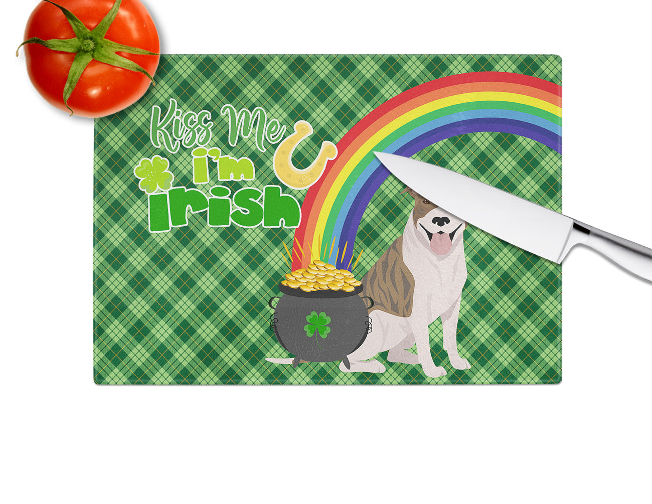 Fawn Brindle Pit Bull Terrier St. Patrick's Day Glass Cutting Board Large - the-store.com