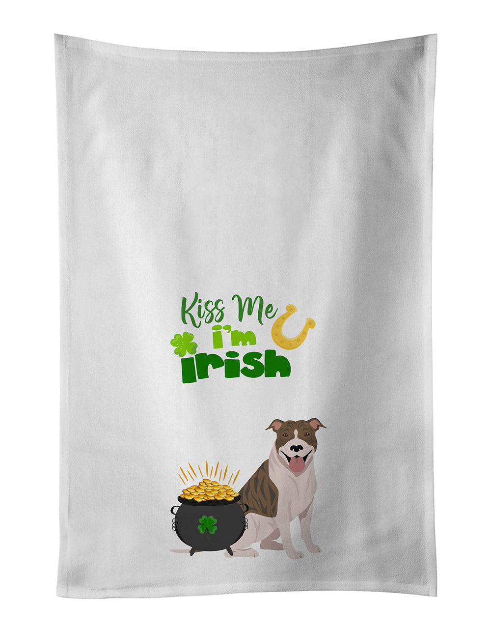 Buy this Fawn Brindle Pit Bull Terrier St. Patrick&#39;s Day White Kitchen Towel Set of 2 Dish Towels