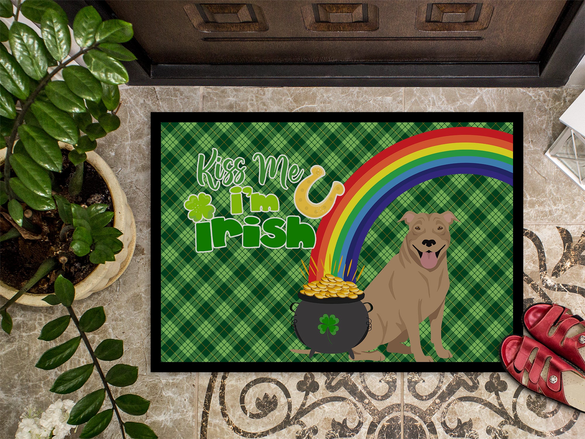 Fawn Pit Bull Terrier St. Patrick's Day Indoor or Outdoor Mat 24x36 - the-store.com