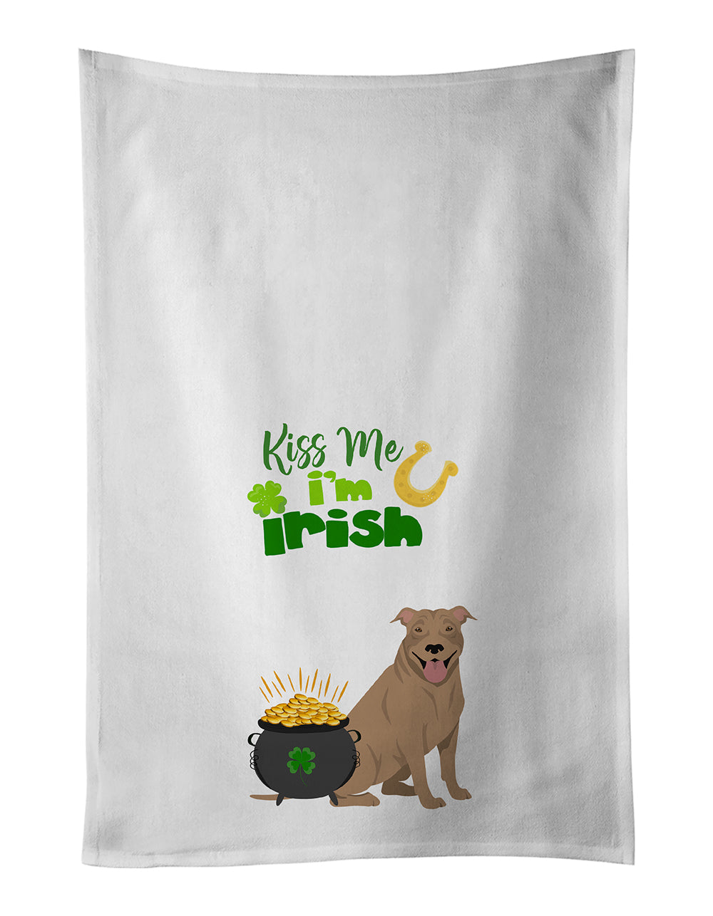 Buy this Fawn Pit Bull Terrier St. Patrick&#39;s Day White Kitchen Towel Set of 2 Dish Towels