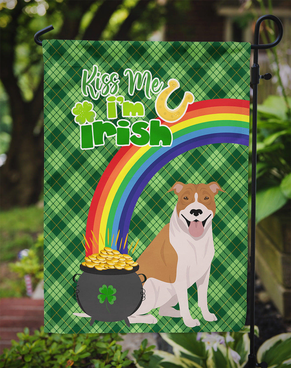 Red and White Pit Bull Terrier St. Patrick's Day Flag Garden Size