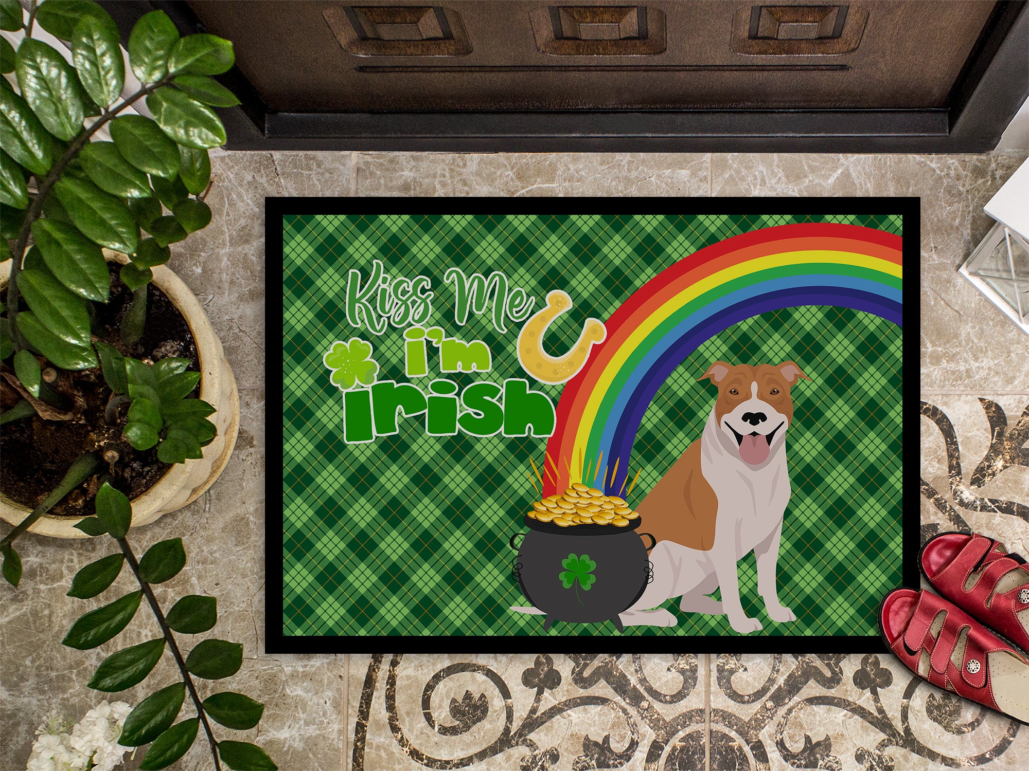 Red and White Pit Bull Terrier St. Patrick's Day Indoor or Outdoor Mat 24x36 - the-store.com