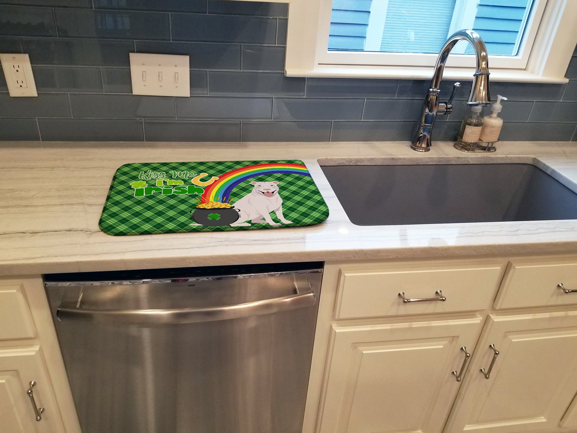 White Pit Bull Terrier St. Patrick's Day Dish Drying Mat