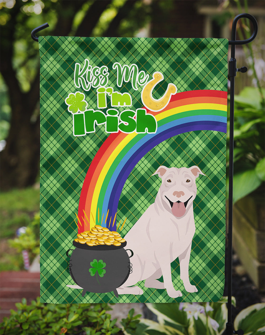 White Pit Bull Terrier St. Patrick's Day Flag Garden Size  the-store.com.
