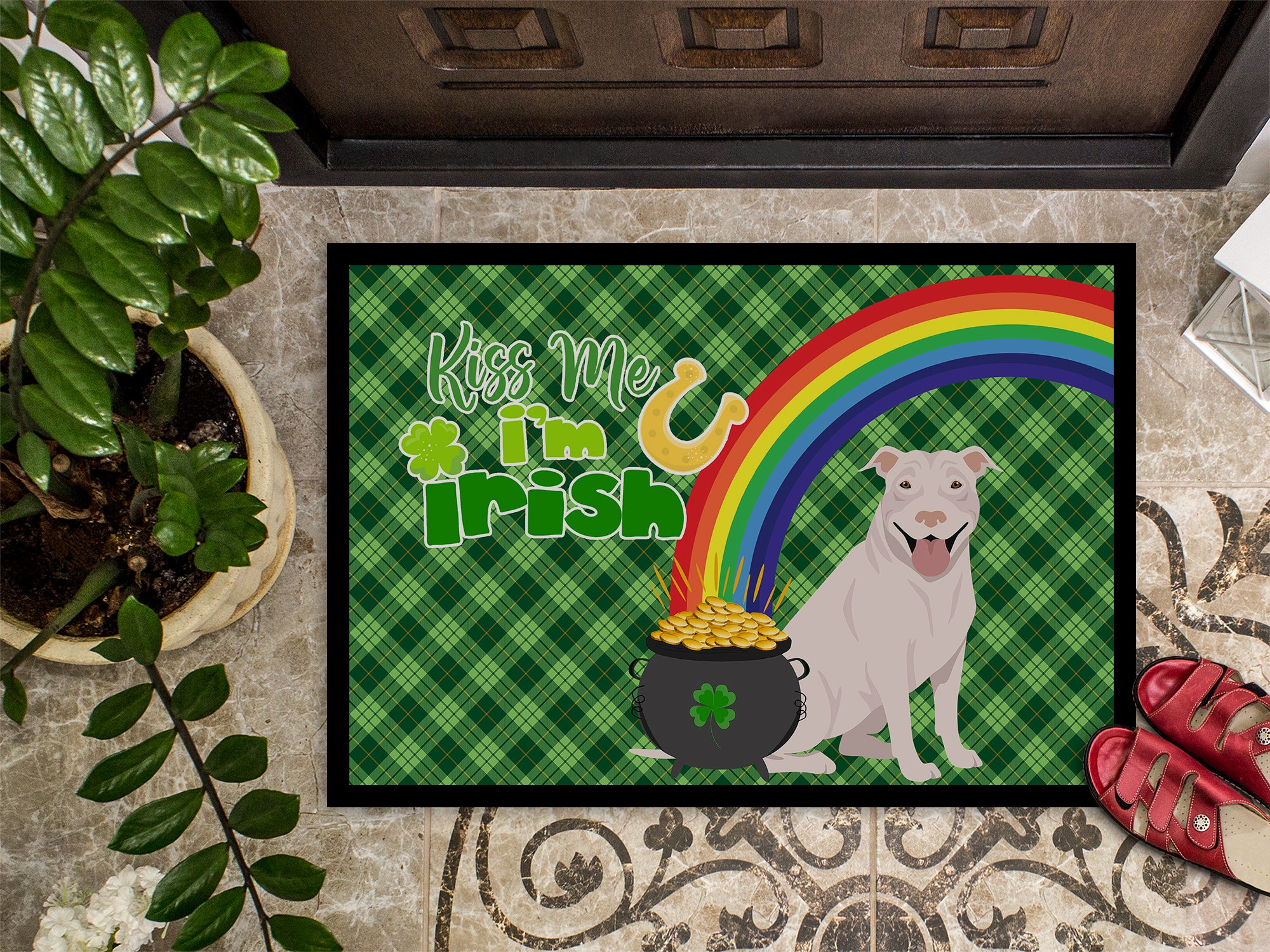 White Pit Bull Terrier St. Patrick's Day Indoor or Outdoor Mat 24x36 - the-store.com
