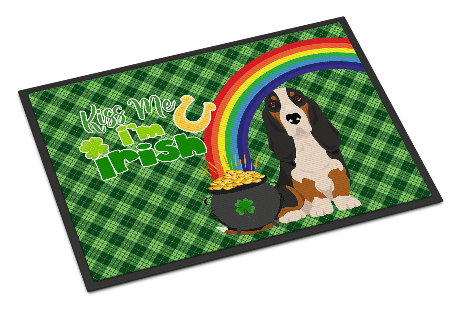Buy this Black Tricolor Basset Hound St. Patrick's Day Indoor or Outdoor Mat 24x36