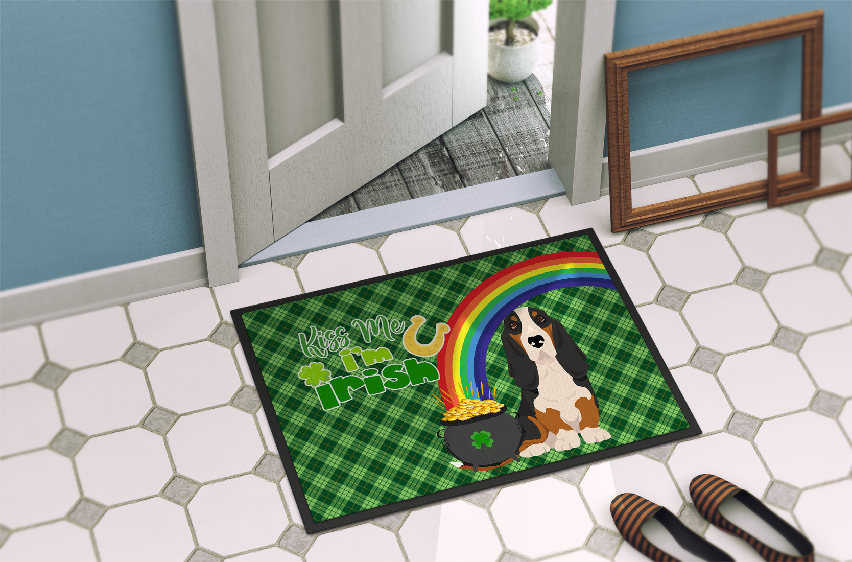 Black Tricolor Basset Hound St. Patrick's Day Indoor or Outdoor Mat 24x36 - the-store.com