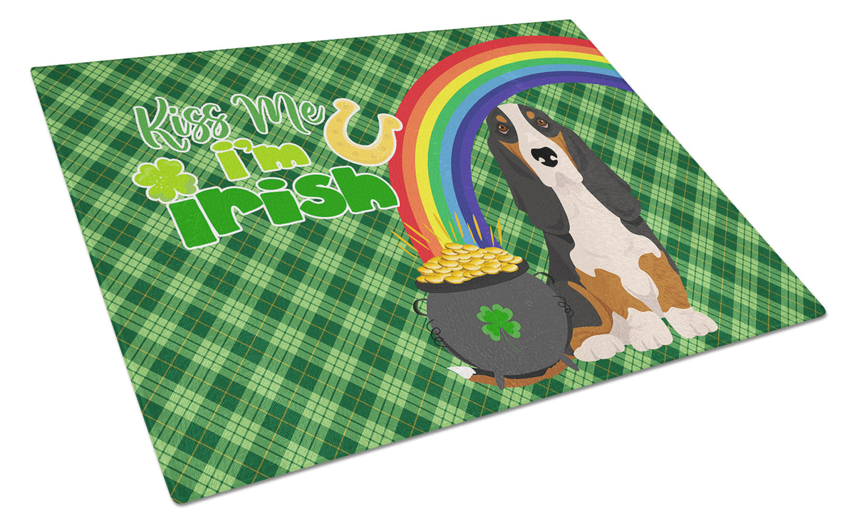 Buy this Black Tricolor Basset Hound St. Patrick&#39;s Day Glass Cutting Board Large