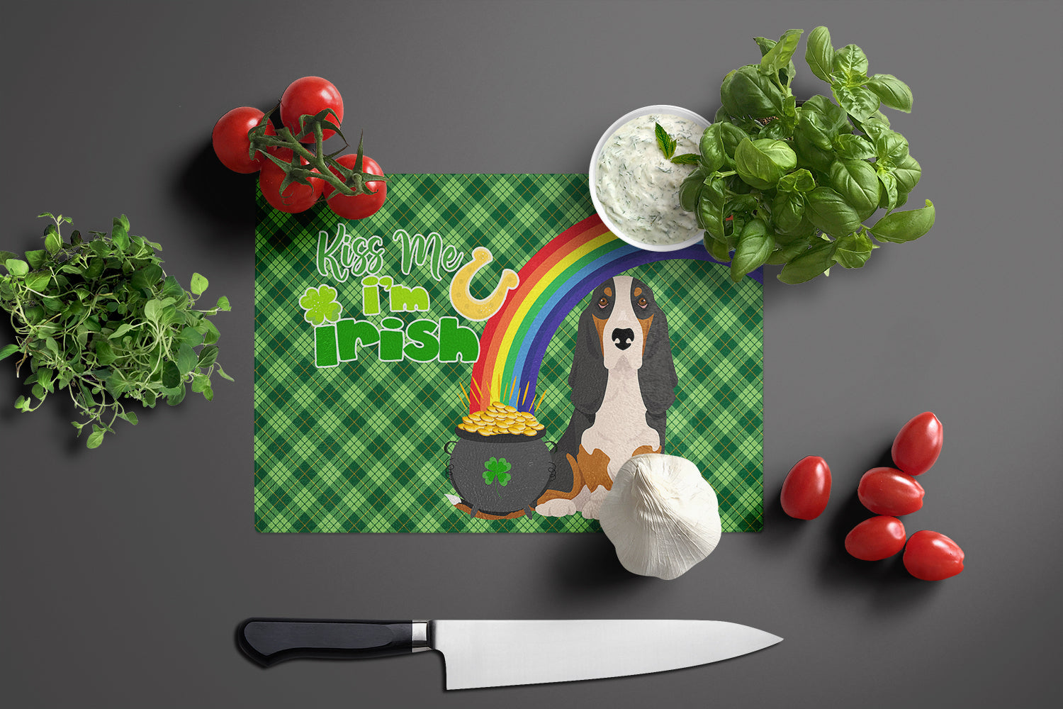 Black Tricolor Basset Hound St. Patrick's Day Glass Cutting Board Large - the-store.com