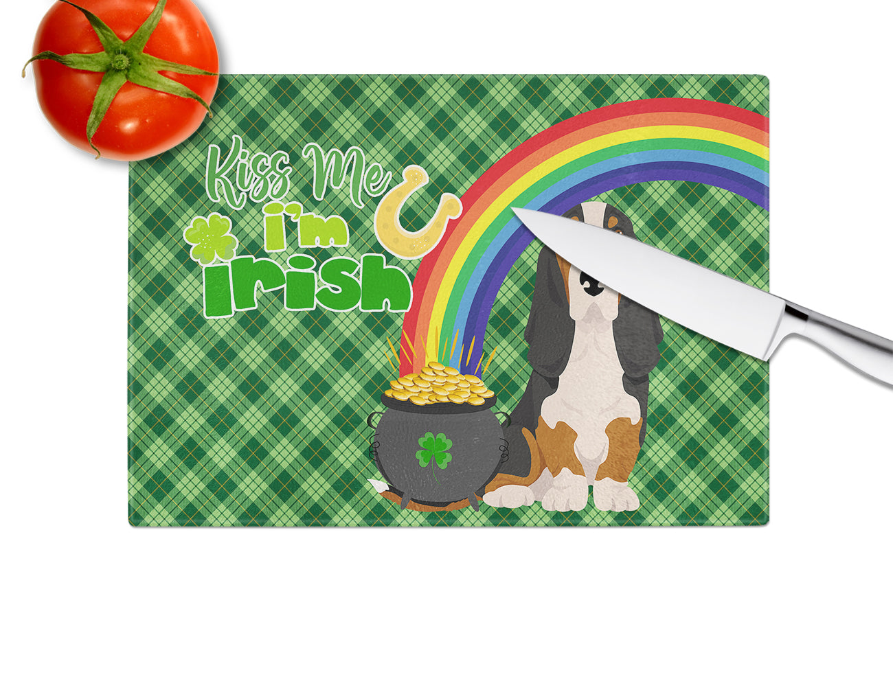Black Tricolor Basset Hound St. Patrick's Day Glass Cutting Board Large - the-store.com