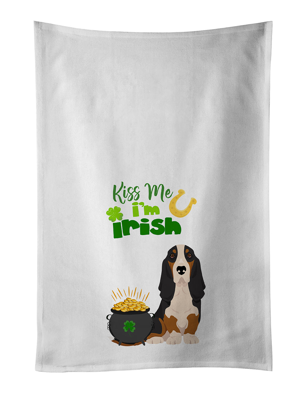 Buy this Black Tricolor Basset Hound St. Patrick's Day White Kitchen Towel Set of 2 Dish Towels