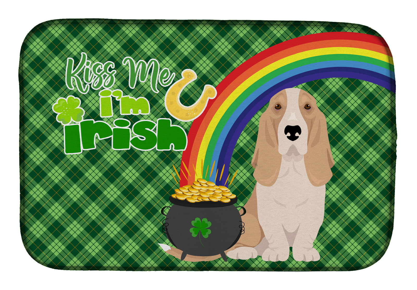 Lemon and White Tricolor Basset Hound St. Patrick's Day Dish Drying Mat