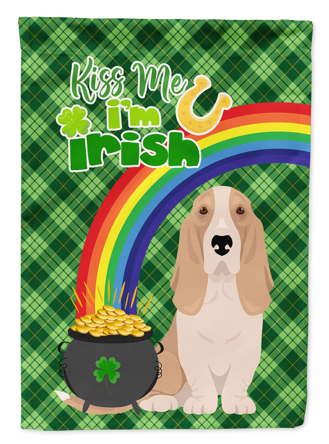 Lemon and White Tricolor Basset Hound St. Patrick&#39;s Day Flag Garden Size  the-store.com.