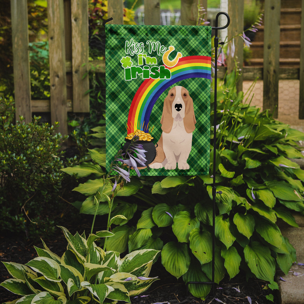 Lemon and White Tricolor Basset Hound St. Patrick's Day Flag Garden Size  the-store.com.