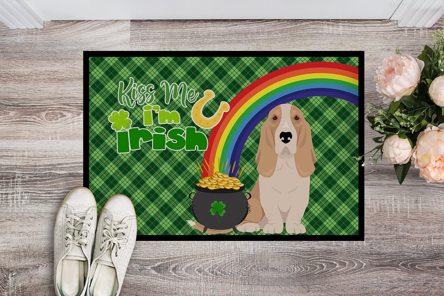 Lemon and White Tricolor Basset Hound St. Patrick's Day Indoor or Outdoor Mat 24x36 - the-store.com