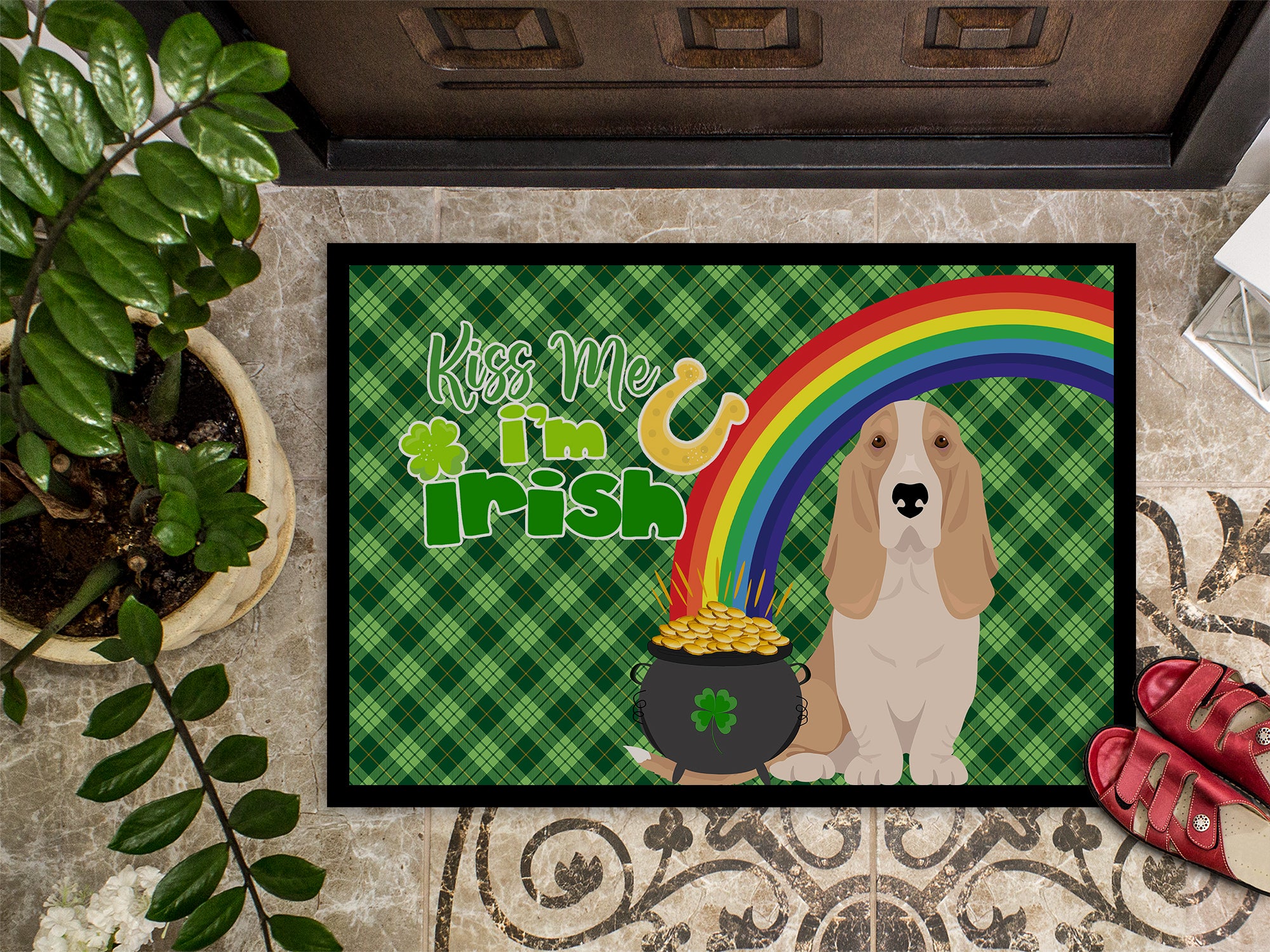 Lemon and White Tricolor Basset Hound St. Patrick's Day Indoor or Outdoor Mat 24x36 - the-store.com