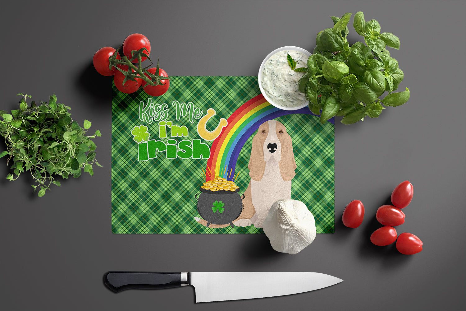 Lemon and White Tricolor Basset Hound St. Patrick's Day Glass Cutting Board Large - the-store.com