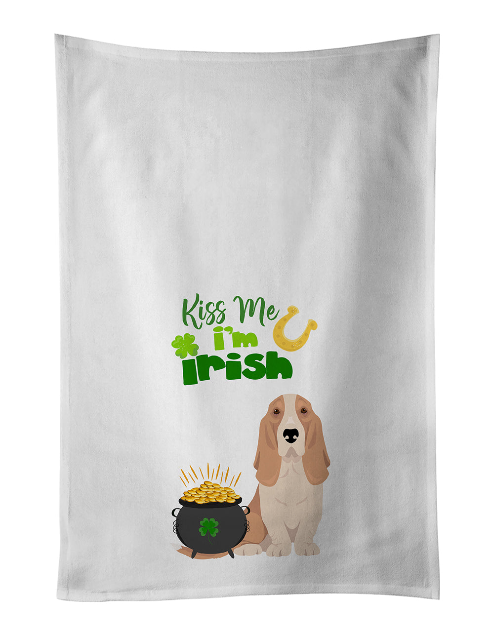 Buy this Lemon and White Tricolor Basset Hound St. Patrick&#39;s Day White Kitchen Towel Set of 2 Dish Towels