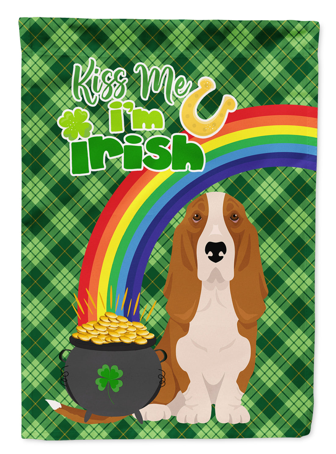 Red and White Tricolor Basset Hound St. Patrick&#39;s Day Flag Garden Size  the-store.com.
