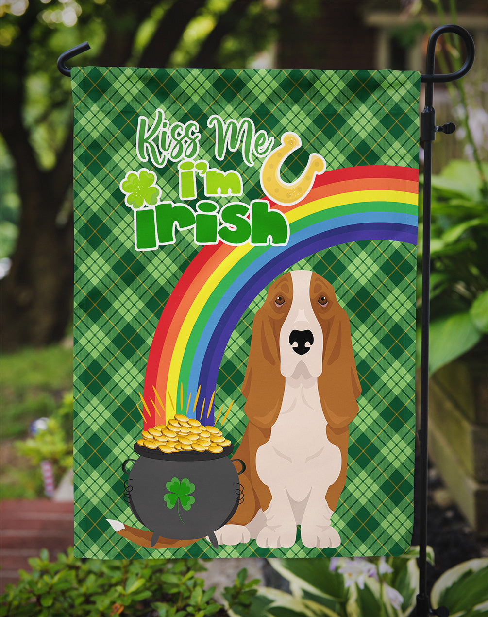 Red and White Tricolor Basset Hound St. Patrick's Day Flag Garden Size