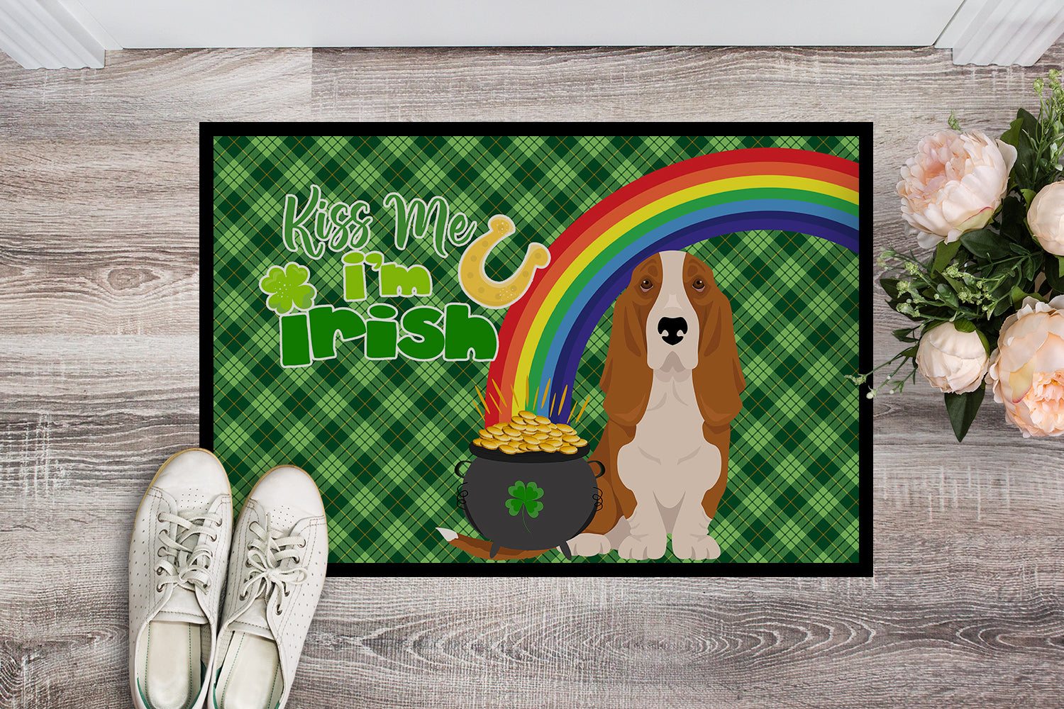 Buy this Red and White Tricolor Basset Hound St. Patrick's Day Indoor or Outdoor Mat 24x36