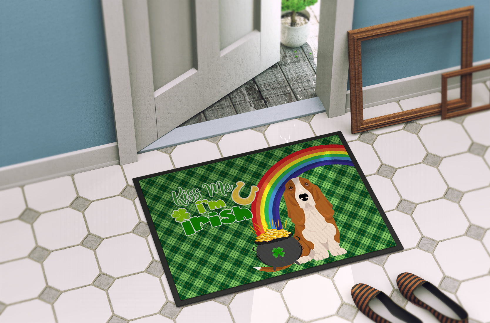 Red and White Tricolor Basset Hound St. Patrick's Day Indoor or Outdoor Mat 24x36 - the-store.com