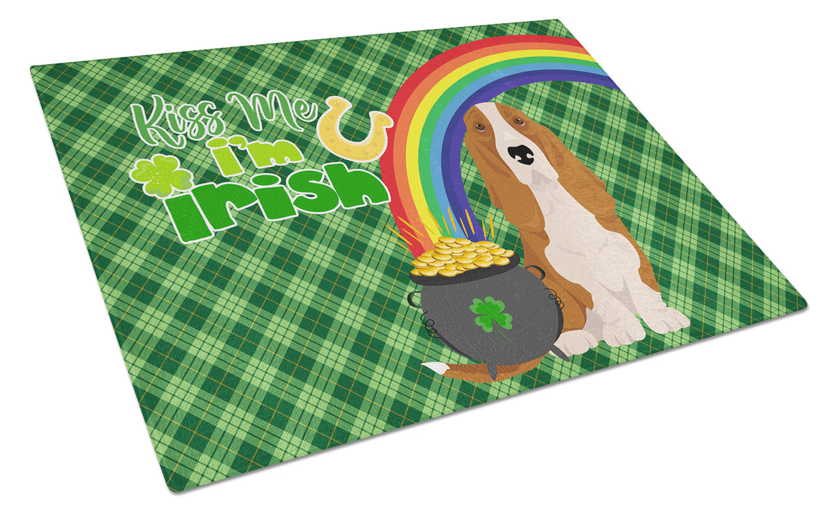 Buy this Red and White Tricolor Basset Hound St. Patrick&#39;s Day Glass Cutting Board Large