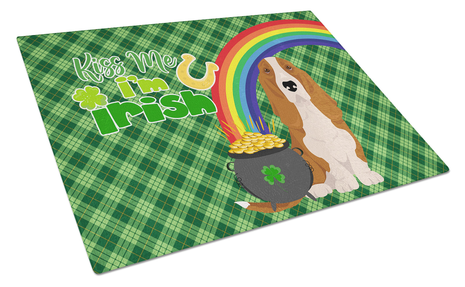 Buy this Red and White Tricolor Basset Hound St. Patrick's Day Glass Cutting Board Large