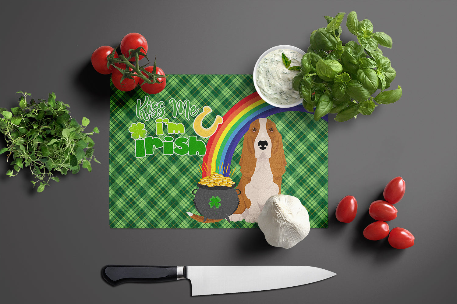 Red and White Tricolor Basset Hound St. Patrick's Day Glass Cutting Board Large - the-store.com