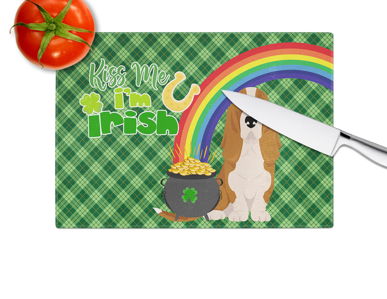 Red and White Tricolor Basset Hound St. Patrick's Day Glass Cutting Board Large - the-store.com
