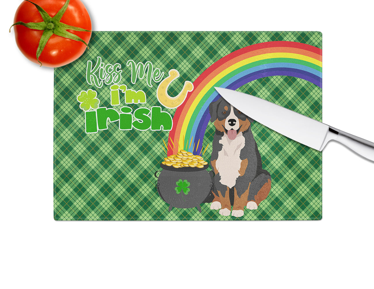 Bernese Mountain Dog St. Patrick's Day Glass Cutting Board Large - the-store.com
