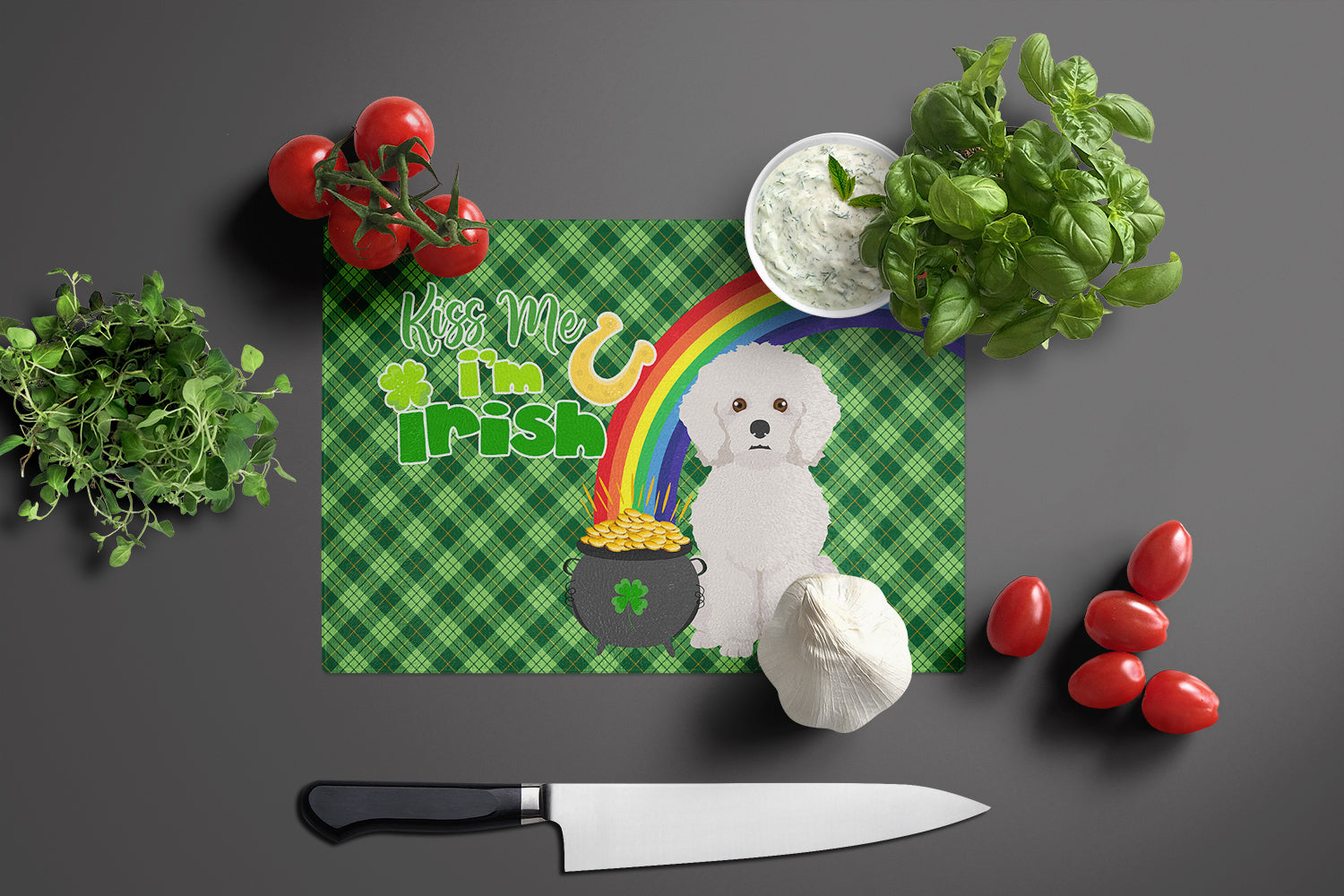 Bichon Frise St. Patrick's Day Glass Cutting Board Large - the-store.com