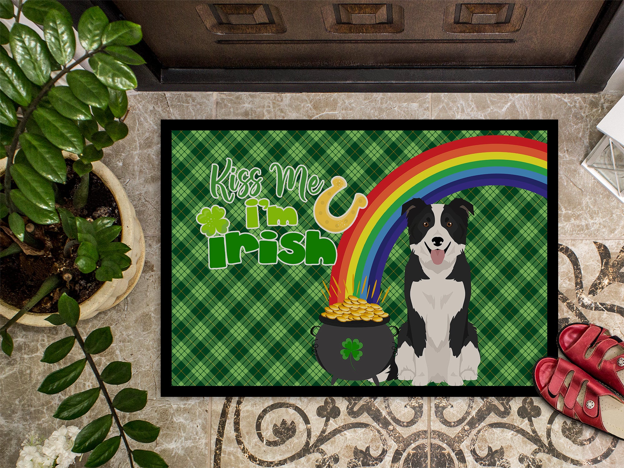 Black and White Border Collie St. Patrick's Day Indoor or Outdoor Mat 24x36 - the-store.com