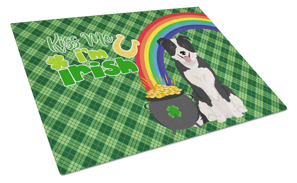 Buy this Black and White Border Collie St. Patrick&#39;s Day Glass Cutting Board Large